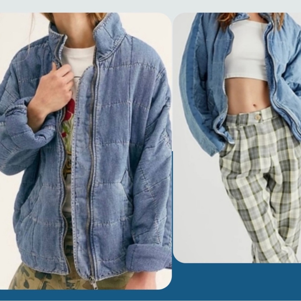 Free People Blue Denim Oversized Quilted Dolman Jacket Size Medium